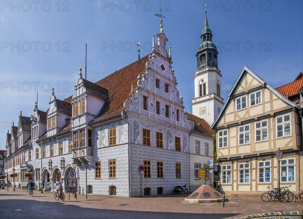 Weser Renaissance town hall in the old town centre on the market square and the tower of the town church, Celle, Lüneburg Heath, Lower Saxony, Germany, Europe