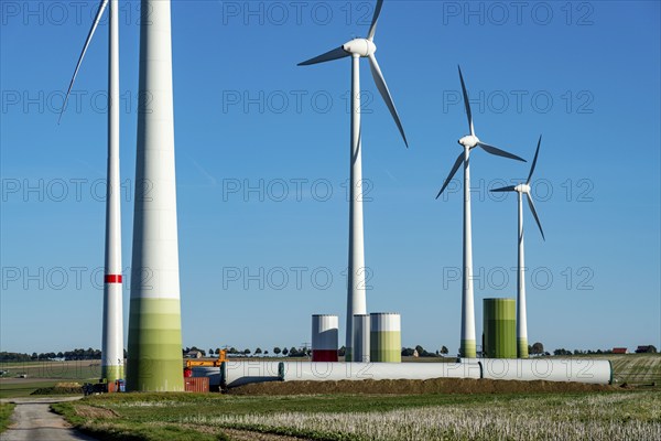 Construction site of a new wind turbine, modules of the tower, wind turbine from the manufacturer Enercon, wind farm near Bad Wünnenberg, North Rhine-Westphalia, Germany, Europe