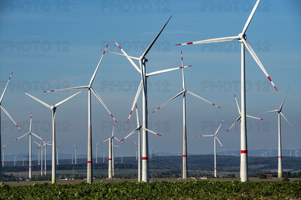 Wind farm near Bad Wünnenberg, Ostwestfalen Lippe, along the A44 motorway, North Rhine-Westphalia, Germany, Europe