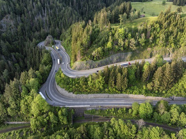 Aerial view of the federal road B31, Kreuzfelsenkurve in the southern Black Forest, Breisgau-Hochschwarzwald, Baden-Württemberg, Germany, Europe