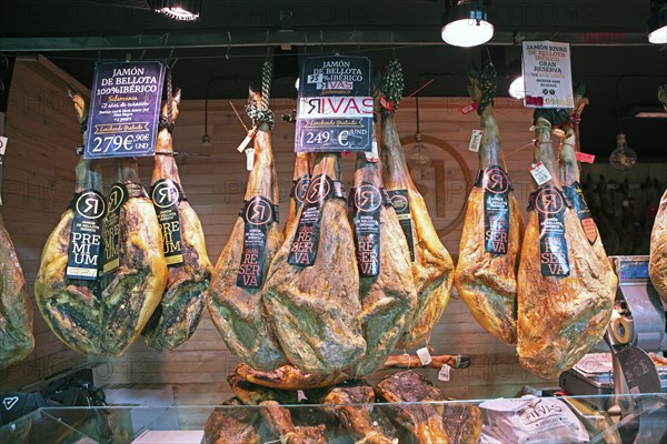 Iberico ham for sale at the Mercado Central, Salamanca, province of Salamanca, Castile and Leon, Spain, Europe