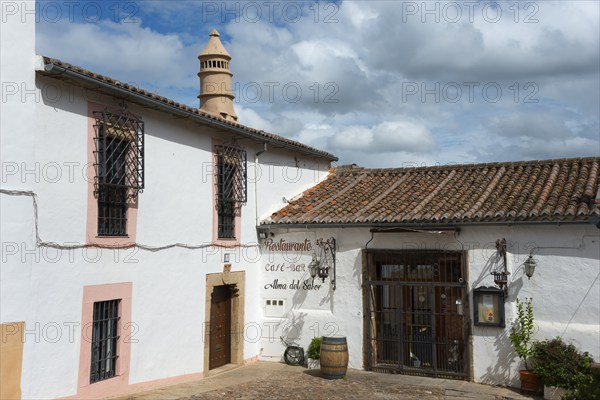 White house with restaurant and rustic charm in a town, old town, Cáceres, Caceres, Extremadura, Spain, Europe