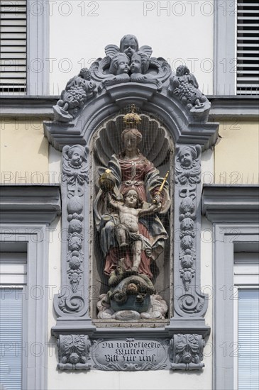Figure of St Mary Immaculate, in a niche of a town house, Würzburg, Lower Franconia, Bavaria, Germany, Europe