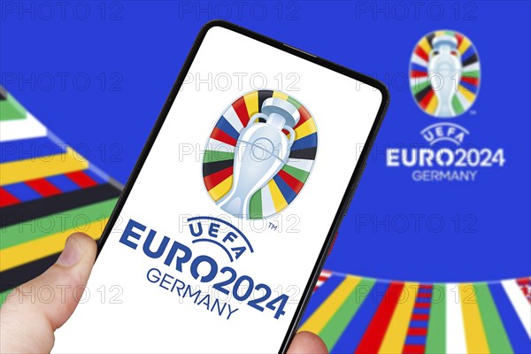 UEFA euro 2024 Germany European Football Championship European Championship European Championship logo on a mobile phone symbol image photomontage in Germany
