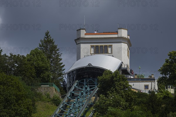 The Dresden suspension railway is a suspension railway in Dresden that connects Körnerplatz in the Loschwitz district with Oberloschwitz. View of the top station with the machine house, Dresden Loschwitz, Dresden, Saxony, Germany, Europe
