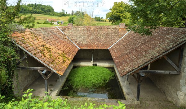 Washhouse in Montaigu-le-Blin village features a grassy basin, Allier. Auvergne-Rhone-Alpes, France, Europe