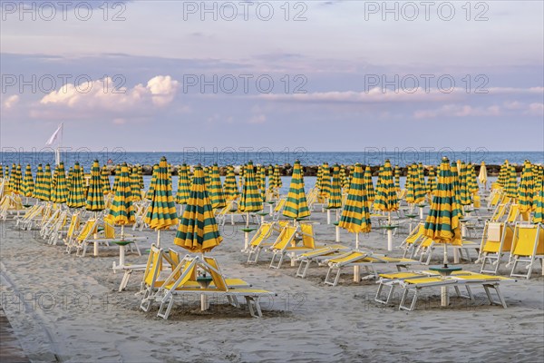 Bathing beach on the Adriatic in bad weather. All deckchairs are free. Bellaria-Igea Marina, Province of Rimini, Italy, Europe