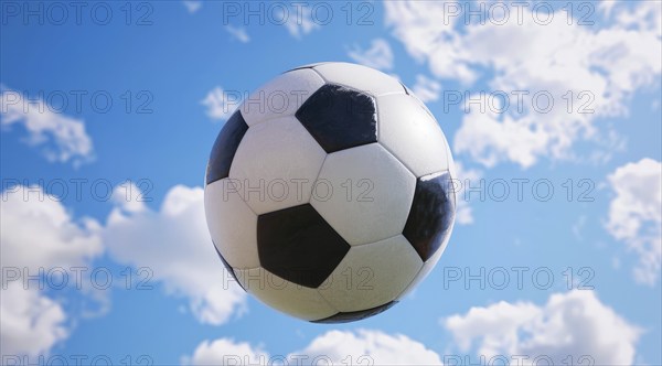 A soccer ball is flying through the air on a sunny day, AI generated
