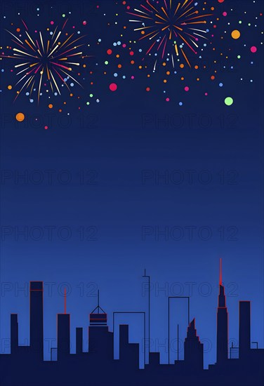 Minimalist, geometric skyline at night, with subtle fireworks in the sky, represented by colorful dots and simple, clean lines, AI generated