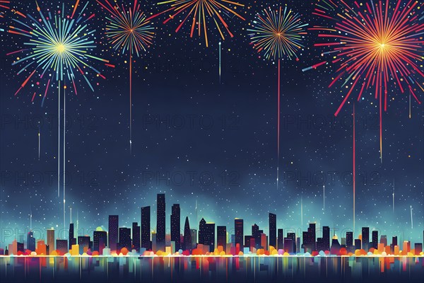 Minimalist, geometric skyline at night, with subtle fireworks in the sky, represented by colorful dots and simple, clean lines, AI generated
