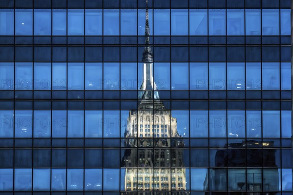 Glass surface facade mirroring an iconic skyline in evening light, AI generated