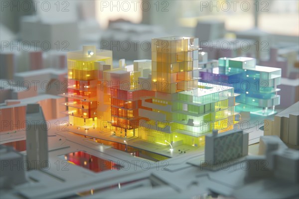 Architectural model made of plastic, illuminated, model making for architecture, design, architectural design of a modern residential neighbourhood, housing estate on a body of water, new construction, modern residential buildings, AI generated, AI generated, AI generated