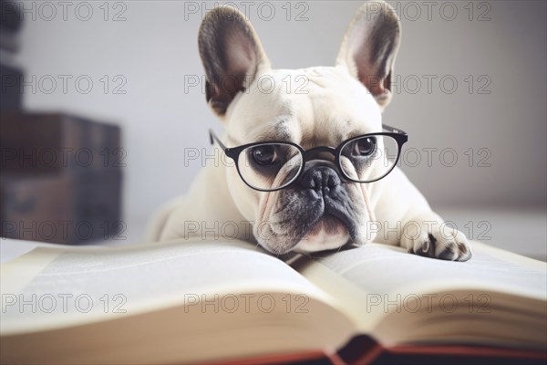 Smart French Bulldog dog with reading glasses and book. AI generated