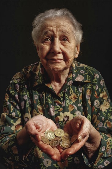 An elderly woman holds coins in both hands and looks sadly into the camera, symbolising poverty in old age, AI generated, AI generated, AI generated
