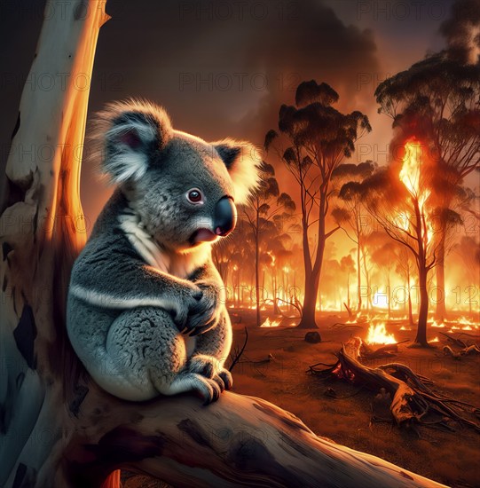 Climate change, global warming, bushfires, a koala in Australia sitting on a burning eucalyptus tree, AI generated, AI generated