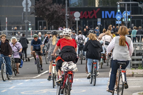 Cyclists on cycle paths, at the shopping centre Fisketorvet, Sydhavnen, in the city centre of Copenhagen, is considered the bicycle capital of the world, 45 % of the inhabitants travel by bike, Denmark, Europe
