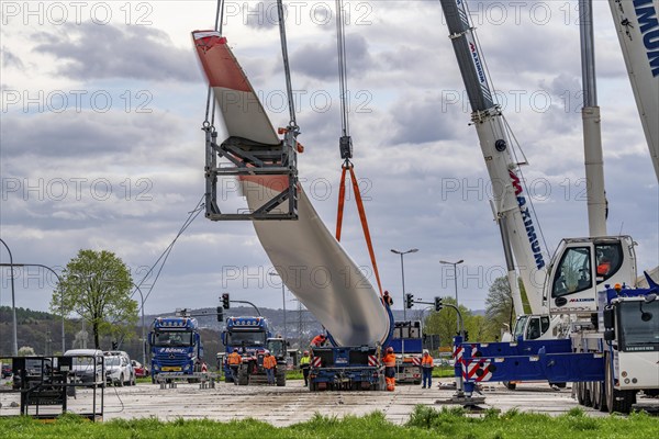 Preparation for the transport of a 68 metre long blade, a wind turbine, with a self-propelled Blade-Lifter vehicle, over a 40 km long route in the Bergisches Land, through towns, villages, over country roads, narrow through roads, to the construction site of the wind turbine near Hagen, North Rhine-Westphalia, Germany, Europe