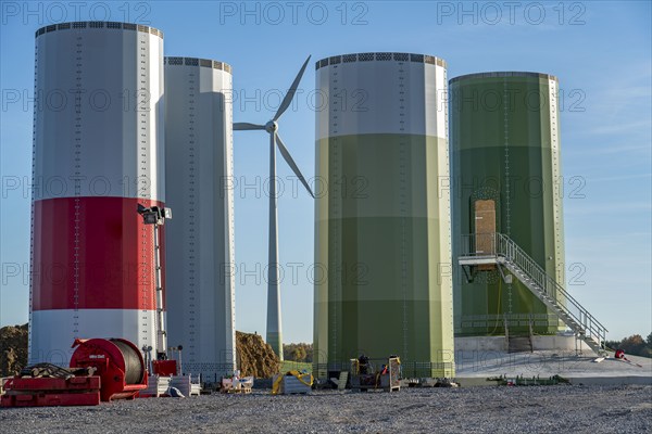 Construction site of a new wind turbine, modules of the tower, wind turbine from the manufacturer Enercon, wind farm near Bad Wünnenberg, North Rhine-Westphalia, Germany, Europe