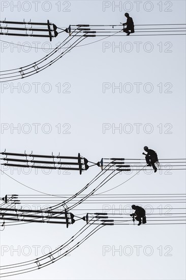 Overhead line fitters working on a high-voltage pylon, overhead lines, energy, worker, high-voltage electrician, Baden-Württemberg, Germany, Europe