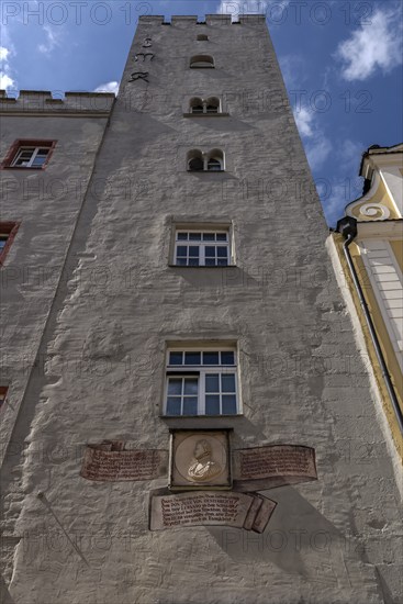 Tower of a former patrician castle, now a hotel, Haidplatz, Regensburg, Upper Palatinate, Bavaria, Germany, Europe