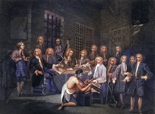 Bambridge on Trial for Murder by a committee of the House of Commons Engraved by S Bull after Hogarth from The Works of Hogarth published London 1833, Historisch, digital restaurierte Reproduktion von einer Vorlage aus dem 19. Jahrhundert, Record date not stated