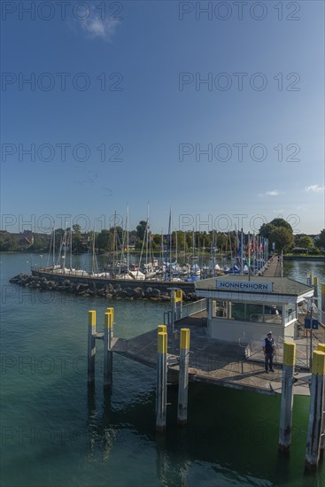 Nonnenhorn on Lake Constance, jetty, marina, townscape, blue sky, Bavaria, Germany, Europe