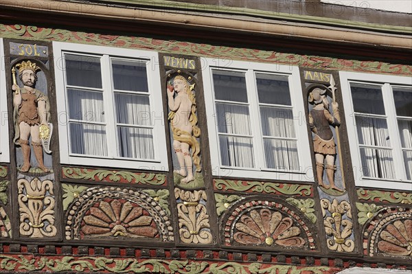 Half-timbered house, façade with wood carvings, Lemgo, North Rhine-Westphalia, Germany, Europe