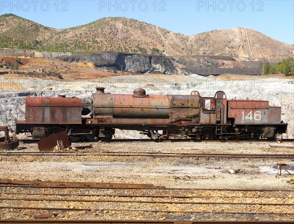 Old rusty abandoned steam train in the Rio Tinto mining area, Minas de Riotinto, Huelva province, Spain, Europe