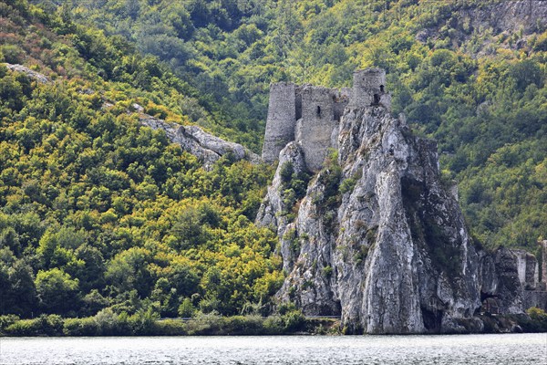 View of the castle on the Danube on the Serbian side opposite Coronini, Danube landscape, Iron Tor Tor nature park Park, Romania, Europe