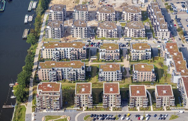 Aerial view, Hafencity Geesthacht, residential building, apartment block, multi-family house, Geesthacht, Schleswig-Holstein, Germany, Europe