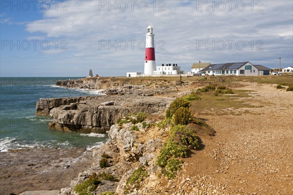 Red and white lighthouse on the coast at Portland Bill, isle of Portland, Dorset, England, United Kingdom, Europe