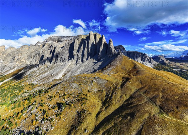 The peaks of the Puez Group, drone shot, Val Gardena, Dolomites, Autonomous Province of Bolzano, South Tyrol, Italy, Europe