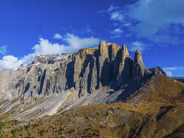 The peaks of the Puez Group, drone shot, Val Gardena, Dolomites, Autonomous Province of Bolzano, South Tyrol, ItalyDefault