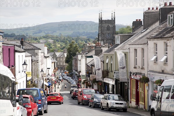 View over the town centre of Tavistock, Devon, England towards the moors of Dartmoor national park