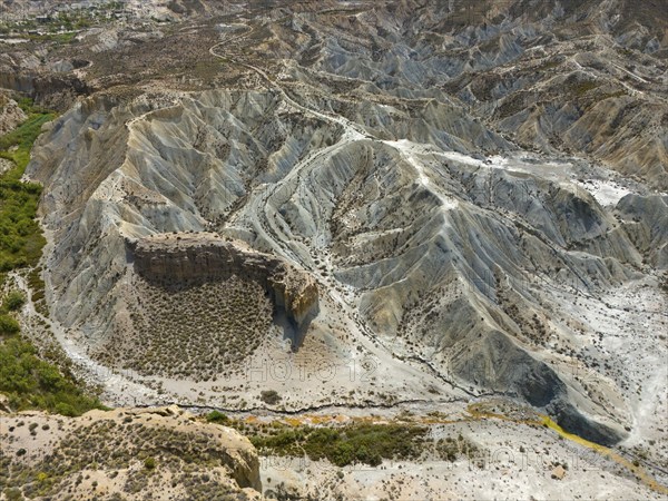 Rugged rocks and valleys in a dry, hot landscape, aerial view, Tabernas desert, Desierto de Tabernas, Tabernas, Almeria, Andalusia, Spain, Europe
