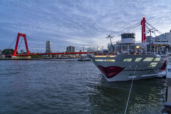 The skyline of Rotterdam, at the Nieuwe Maas, river, skyscrapers, buildings in the city centre, Netherlands, Willemsbrug, river cruise ship A-Rosa Sena at the pier