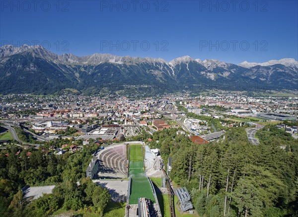 Bergiselschanze, ski jump at Bergisel, view of Innsbruck with the Innsbruck Nordkette, Innsbruck, Tyrol, Austria, Europe