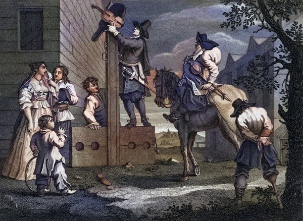 Hudibras leading Crowdero in triumph Engraved by J Romney after Hogarth from The Works of Hogarth published London 1833, Historic, digitally restored reproduction from a 19th century original, Record date not stated