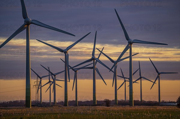 Wind farm near the East Frisian town of Norden, east of the town, sunset, Lower Saxony, Germany, Europe