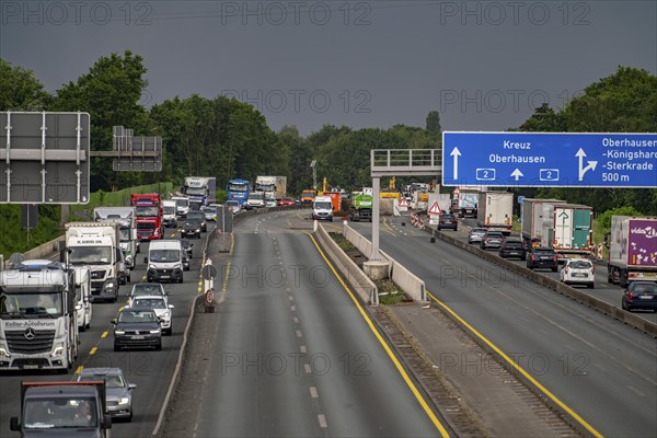 Traffic jam on the A2 motorway near Bottrop, in front of the Oberhausen motorway junction, in the direction of Oberhausen, due to long-term roadworks, lane renewal, North Rhine-Westphalia, Germany, Europe