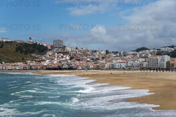 Coastal town with sandy beach, buildings on the hills, and ocean waves under a blue sky, Praia da Nazare beach, Nazaré, Oeste, Leiria district, Centro, Extremadura, Portugal, Europe
