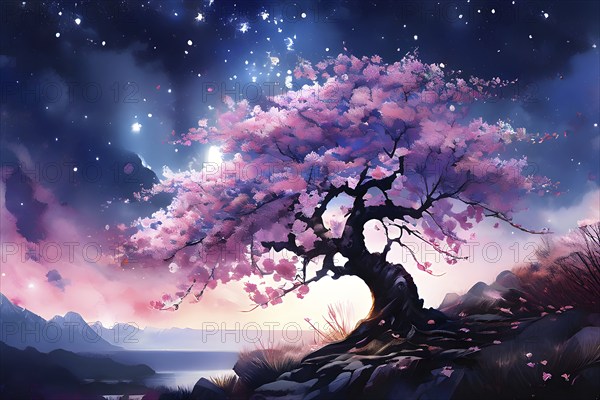 Sakura tree blossoming with pink petals and branches reaching towards a star studded night sky, AI generated