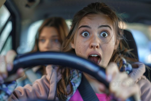A young woman sits in a car and looks surprised, startled, symbolic image, distraction in road traffic, AI generated, AI generated, AI generated