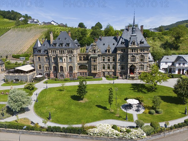 Historic castle with well-tended garden, surrounded by green hills under a blue sky in summer, aerial view, Lieser Castle, Lieser, Moselle, Bernkastel-Kues, Rhineland-Palatinate, Germany, Europe