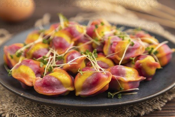Rainbow colored dumplings with pepper, herbs, microgreen on brown wooden background and linen textile. Side view, close up, selective focus