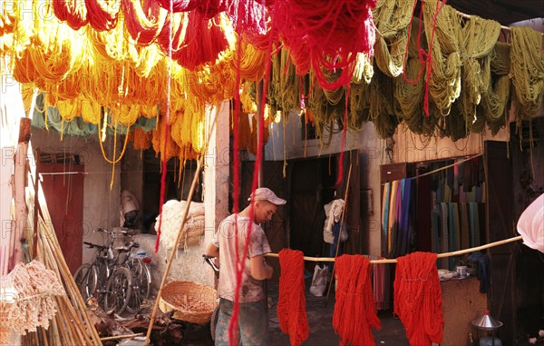 In the dyers' souk of Marrakech, Morocco, Africa