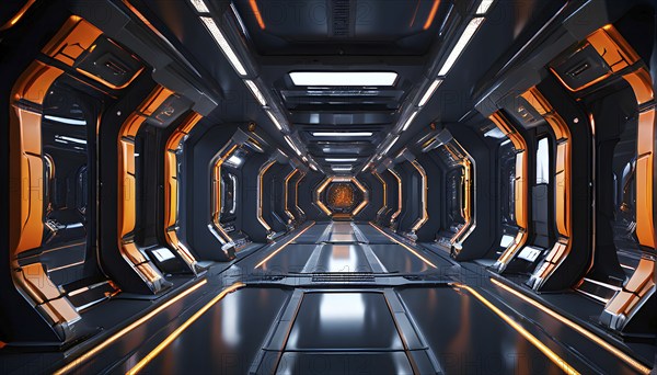 Three dimensional render of futuristic corridor inside a spaceship or space station, AI generated