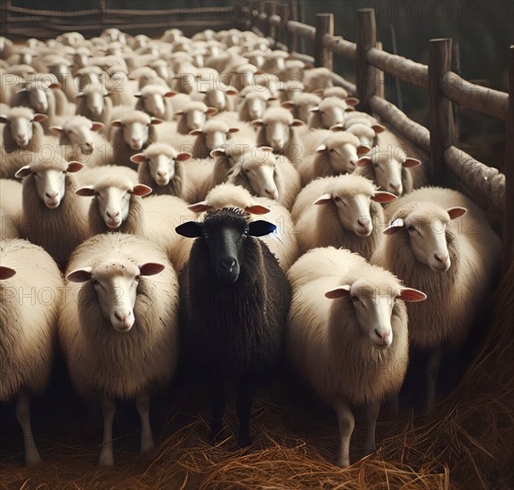 A white flock of sheep with a black sheep, symbol image outsider, special, special, AI generated, AI generated