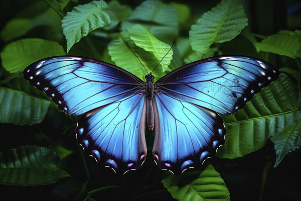 Beautiful stylized blue monarch butterfly on natural leaves environment, AI generated