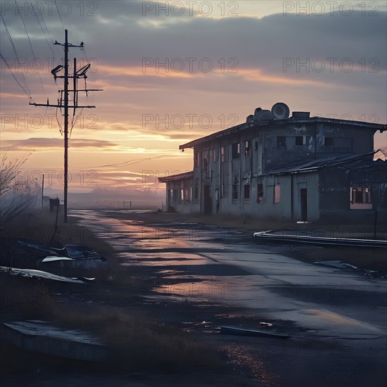 Abandoned military base at the end of an empty road enveloped in the silence of the area, AI generated